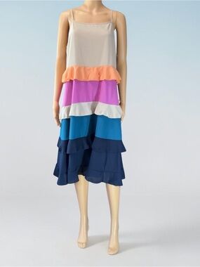 Sugarfox A California Company Beige and Blue Midi Strapless Summer Dress